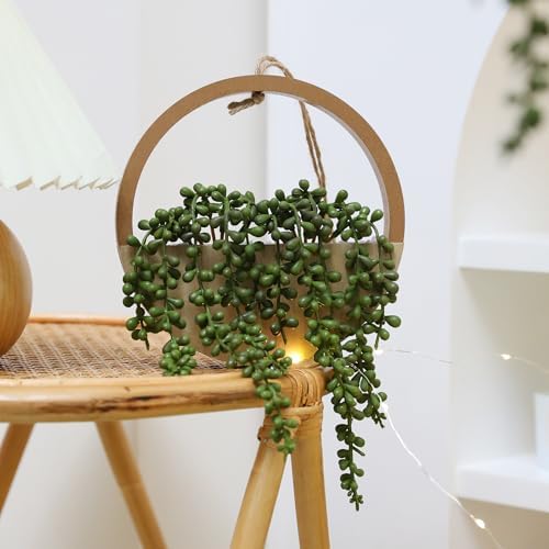 Floweroyal 2pcs Artificial Succulents Hanging Plants 20.1'' Fake String of Pearls in Pot with 9.4'' Lanyard for Indoor Outdoor Wall Decor（Wood Color） - Image 7