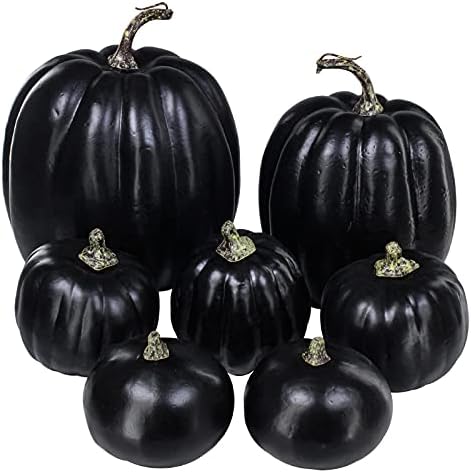 Winlyn 7 Pcs Assorted Artificial Black Pumpkins Halloween Faux Rustic Decorative Foam Pumpkins for Fall Halloween Thanksgiving Tabletop Centerpiece Mantel Kitchen Decor by Winlyn