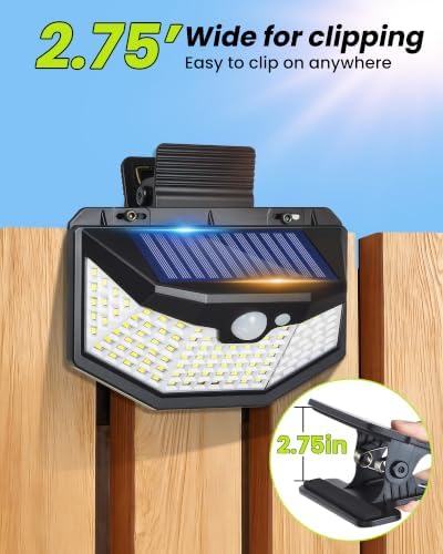 Clip on Solar Lights Outdoor with Motion Sensor, 800LM & 270° Wide Angle Solar Fence Lights Outdoor Waterproof with 115 LEDs, 3 Modes & Portable Security Lights for Chain Link Patio Deck Yard (1Pack) - Image 2