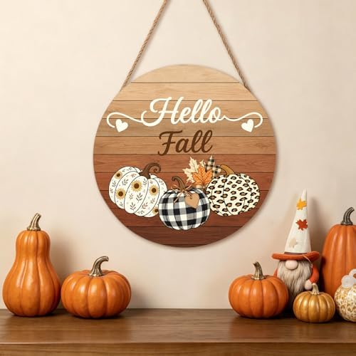 Harooni Hello Fall Pumpkin Sign Door Sign 12"x12" Autumn Thanksgiving Welcome Door Decorations Hanging Sign Farmhouse Plaid Pumpkin Round Wooden Sign for Home Front Door Wall Porch Yard Garden - Image 3