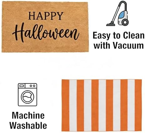 SEEKSEE Happy Halloween Decor Doormat Set, Thick Coco Coir Door Mat + Orange and White Striped Rug, Outdoor Layered Mat for Front Door Non-Slip Backing Floor Mat for Porch - Image 6