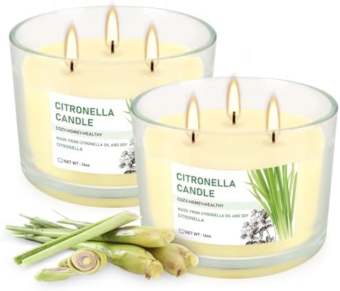 Citronella Candle Outdoor 2-Pack - 14oz Each 3-Wick Candles in Clear Glass Jars, Made with Citronella Oil & Soy Wax for Patio, Camping, Backyard, Emergency & Outdoor Ambiance. by fclayvts