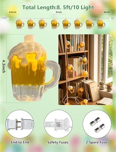 Outdoor Beer Mug String Lights Plug in, 8.5Ft 10 LED Tropical Beach Theme Beer String Lights for Cinco de Mayo Party Decorations, Hanging Tropical Party Lights Waterproof for Backyard Garden Bar Patio - Image 2