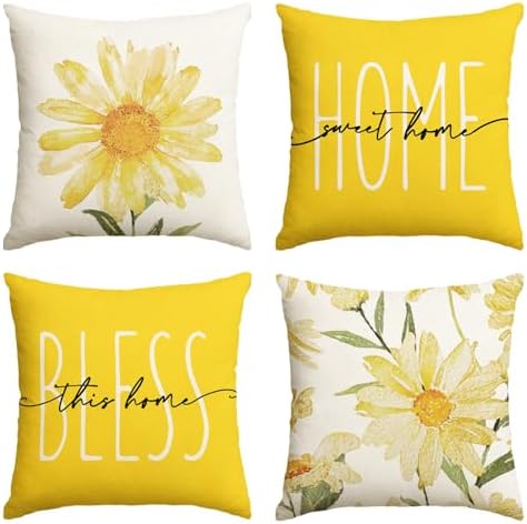 AVOIN colorlife Home Sweet Home Spring Summer Flowers Yellow Throw Pillow Covers, 16 x 16 Inch Cushion Case for Sofa Couch Set of 4 by AVOINcolorlife