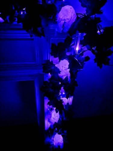 Black Maple Halloween Garland Decor Purple Lights Artificial Wreaths for Wall Fireplace Outdoor Indoor Yard Haunted House Decoration (Skeleton Maple Garlands) - Image 5