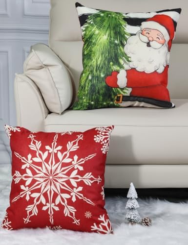 Double-Sided Print Christmas Pillow Covers 18''x18'', Set of 4, 8 Christmas Patterns Christmas Tree, Snowman, Snowflakes, Merry Christmas, Deer, Santa Claus,Truck, Let It Snow, Soft Linen Material - Image 7
