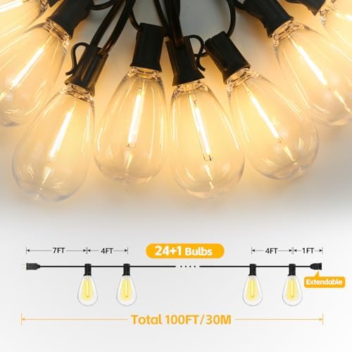 BORT LED Outdoor String Lights 100FT, Outside Connectable Hanging Decorative Lights with 24+1 Shatterproof Waterproof S14 E12 LED Bulbs for Outdoor Lighting Backyard Patio Bistro Porch, Non-Dimmable - Image 5