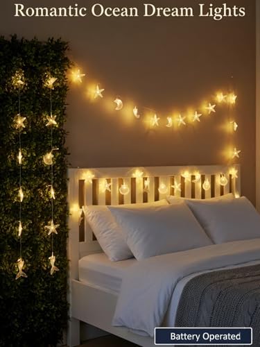 30 LED Mermaid Fairy Lights with Starfish & Seashells, Battery Operated Waterproof Decorative String Lights for Bedroom, Party, Wedding, Garden, Mermaid Theme Decor (Warm White) - Image 3