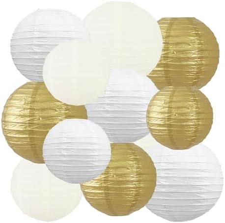BEISHIDA Gold White Paper Lanterns 12Pcs 6/8/10/12 Inch Round Chinese Lamp by Beishida