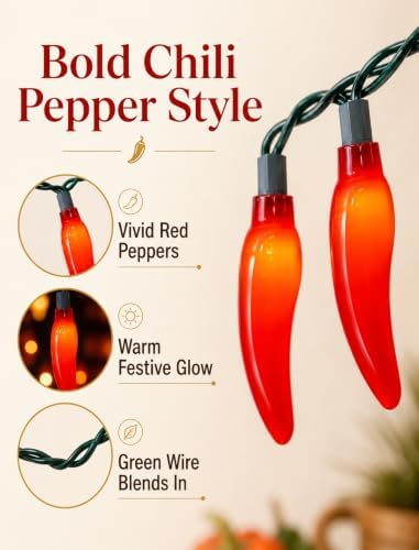 Red Chili Pepper Lights, 13.6Ft Christmas Decorations String Lights with 35 Red Chili Pepper Lights for Mexican Fiesta Indoor Party Kitchen Patio Bedroom Decorations, Green Wire - Image 2