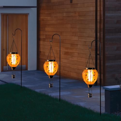 Starsoul Hot Air Balloon Solar Lantern Bee Glass Hanging Outdoor Hot Air Balloon Solar Flickering Flame Light Waterproof Garden Patio Yard Party Decorations - Image 6