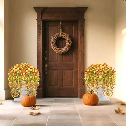 4PCS Artificial Hanging Flowers for Outdoors Summer Decoration, Upgrade UV Resistant Faux Silk Hanging Plants for Outside Home Planter Porch Patio Decor (Orange&Yellow) - Image 5