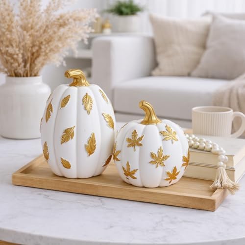 Pumpkin Fall Decor Indoor Fall Pumpkin Decorations 2Pcs Pumpkins Decor Thanksgiving Table Centerpiece Artificial Pumpkins Figurines for Autumn Harvest Home Decor Shelf Accent Decorating (Maple Leaf) - Image 4