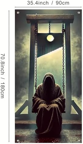 IVN Gothic Execution Door Cover 35x71 Inch Guillotine and Masked Figure Swing Bloody Scene Foggy Gallows Eerie Horror Decor for Front Porch Entryway Wall Decoration Halloween Theme - Image 3