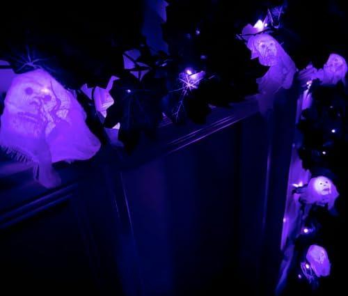 Black Maple Halloween Garland Decor Purple Lights Artificial Wreaths for Wall Fireplace Outdoor Indoor Yard Haunted House Decoration (Skeleton Maple Garlands) - Image 6