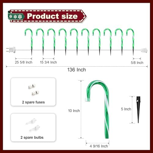 J-HVA 10" 10 Pack Christmas Candy Cane Landscape Lights Decoration, Green - Image 5