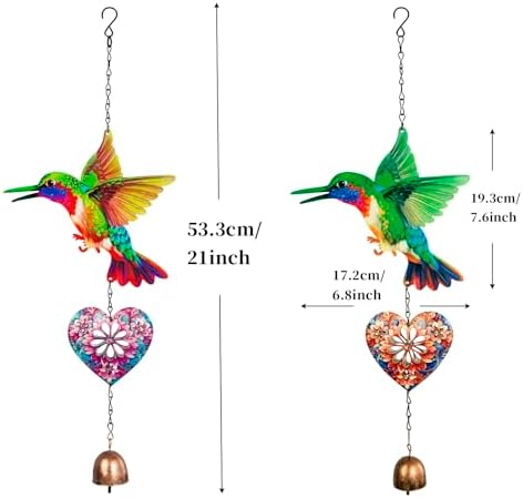 Metal Hummingbird Hanging Decor, Bird Wind Chime Bell Hanging Decor for Outdoor Garden Yard Doors Walls Living Rooms Bedrooms, 2 Pack (Bird-a-Heart) - Image 3