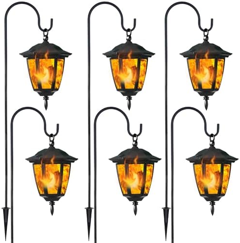 Dynaming 6 Pack Solar Flame Hanging Lights Outdoor, Halloween Solar Flickering Flame LED Garden Lanterns with 6 x 38 Inch Shepherd Hooks, Christmas Lighting for Lawn Patio Yard Pathway Driveway by Dynaming