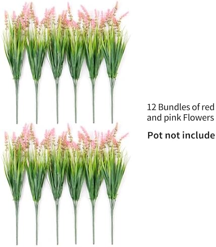 Ammyoo Artificial Plants Fake Monkey Grass for Outdoor Porch Decorations | 12 Pcs Faux Plants for Garden Planters, UV Resistant Fake Flowers Shrubs No Fade Greenery Bush for Outside Yard(Pink) - Image 6