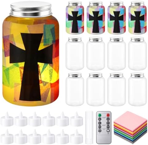 Qinyoung 12 Pcs Religious Cross Craft Mason Jar Tissue Paper Craft with LED by Qinyoung