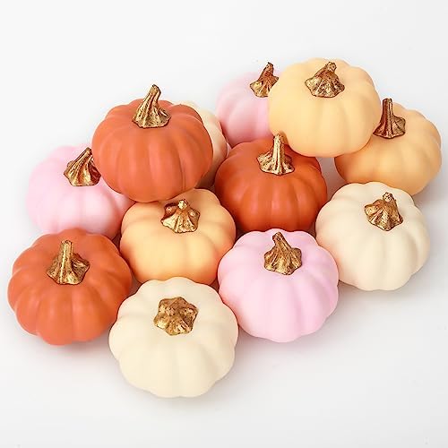 AnyDesign 12Pcs Fall Artificial Pumpkins Fake Foam Pumpkins Mini White Pink Gold Orange Faux Harvest Vegetables for Autumn Thanksgiving Halloween Holiday Home Party Farmhouse Decorations by AnyDesign