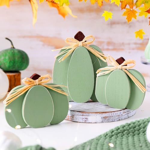 Ferraycle 3 Pcs Fall Pumpkin Decor Fall Wooden Signs 3D Pumpkin Tabletop Decor Farmhouse Sign Rustic Tiered Tray Decorations Block Centerpieces Standing Sign for Home Kitchen Harvest(Green Color) - Image 2