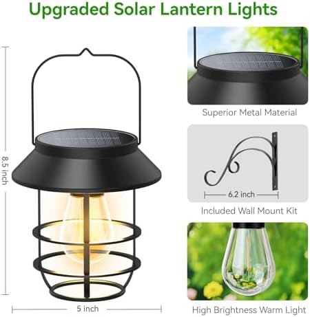 2 Pack Solar Lanterns Outdoor Waterproof, Metal Hanging Lantern, Black - Image 4