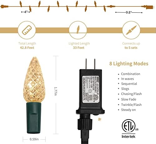WATERGLIDE C6 Christmas Lights, 33ft 100 LED Faceted String Lights Green Wire Fairy Lights with 29V Safe Adaptor, 8 Lighting Mode, Waterproof for Indoor Outdoor Patio Xmas Tree Party Decor, Warm White - Image 2