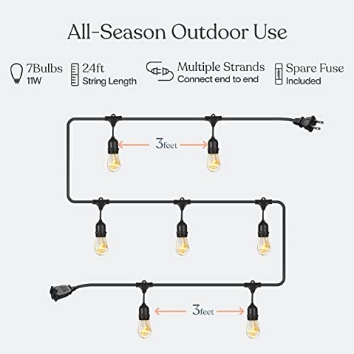 Brightech Ambience Pro Incandescent Outdoor String Lights - Commercial Grade Waterproof Patio Lights with 24 Ft Dimmable Edison Bulbs, Porch String Lights for Patio, Backyard, Christmas - 7 Bulbs 11W - Image 3