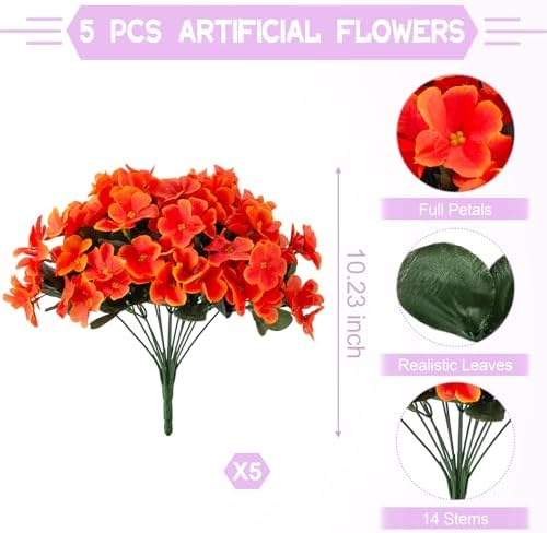 INXUGAO 5PCS Fake Fall Artificial Orange Flowers Faux Plants for Outdoors - Image 2
