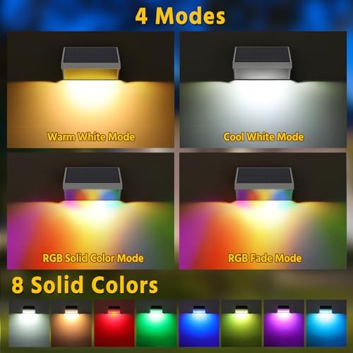 NIORSUN Outdoor Fence Lights, 6 Pack Waterproof LED Solar Fence Lights with 1500mAh Battery, Warm White/Cool White/RGB, Easy-to-Install Wall Light for Deck, Patio, Railing, Stairs, Backyard – White - Image 3