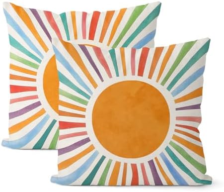 Summer Pillow Covers 18x18 Set of 2, Boho Sun Throw Pillows Stripes Yellow Blue Orange Sunshine Decorations Watercolor Rainbow Pillowcase Linen Boho Outdoor Decor Cushion Case for Home Sofa by JEFERSO