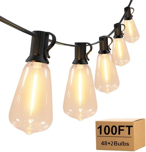 Outdoor String Lights, 100FT with 48 LED ST38 Bulbs,Waterproof,Cord Powered by Unknown