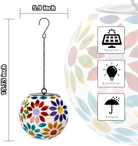 Mosaic Solar Lantern Outdoor Waterproof Glass Hanging Solar Lights, Multi - Image 3