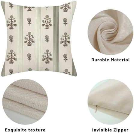 Sage Green Brown Pillow Covers 18x18 Inch Set of 2 Vintage Block Print Floral Throw Pillows Striped Flower Boho Decorative Pillow Cases Linen Outdoor Accent Linen Cushion Cover for Couch Sofa Bed - Image 7
