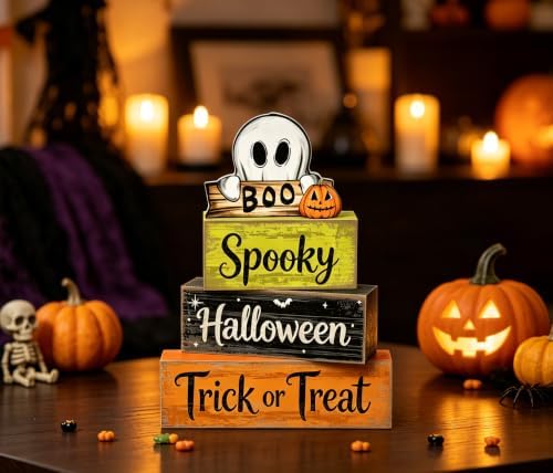 4 Pcs Halloween Tiered Tray Decor Wooden Stacked Block Signs, Rustic Ghost Boo Pumpkin Spooky Trick or Treat Table Decor for Home Kitchen Shelf Mantel Party - Image 6