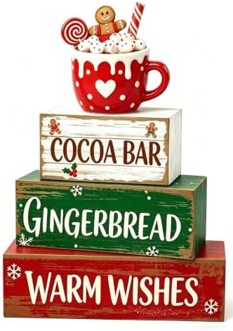 4 Pcs Cocoa Bar Christmas Tiered Tray Decor, Rustic Distressed Stacked Wood Block Signs, 3D Hot Cocoa Mug Gingerbread Man Topper Winter Table Centerpiece, Farmhouse Mantel Coffee‑Bar Xmas Home Decor by ZOMPAKER