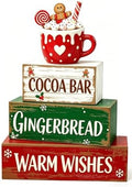 4 Pcs Cocoa Bar Christmas Tiered Tray Decor, Rustic Distressed Stacked Wood Block Signs, 3D Hot Cocoa Mug Gingerbread Man Topper Winter Table Centerpiece, Farmhouse Mantel Coffee‑Bar Xmas Home Decor by ZOMPAKER