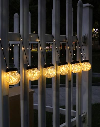 PARTPHONER Solar Lights Outdoor Waterproof 24-Pack, Solar Powered Hanging Lantern Cracked Glass Hanging Globes for Yard Decor Christmas Decoration, Shepherd Hook, Garden Tree Table Ornaments, Warm by PARTPHONER