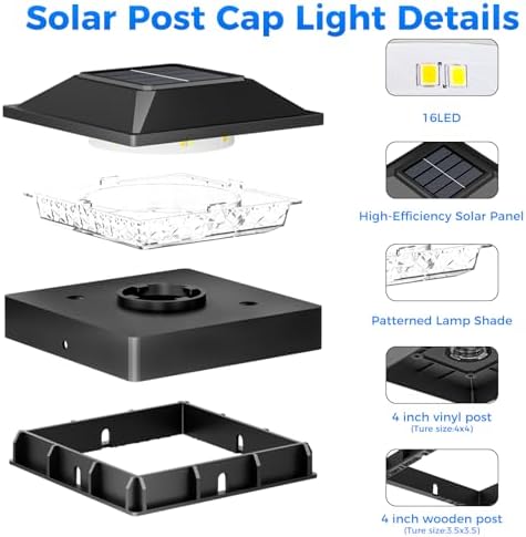Peasur 4x4 Solar Post Cap Lights, 2 Modes 16 LED Post Solar Lights Waterproof, 12 Pack Black Fence Deck Lights Fit Wooden/Vinyl Post for Porch Patio - Image 6
