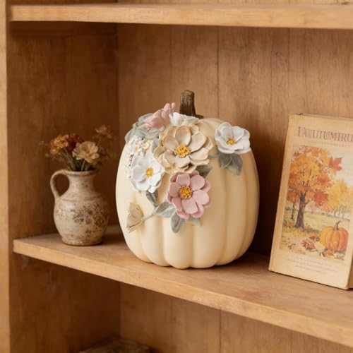 DiliComing Fall Pumpkin Décor Halloween Decorations - 9 Inch Creamy White Resin Pumpkins for Decorating Handmade Floral Carvings for Mantel Tabletop Shelf Indoor Outdoor Autumn Thanksgiving Gifts - Image 6
