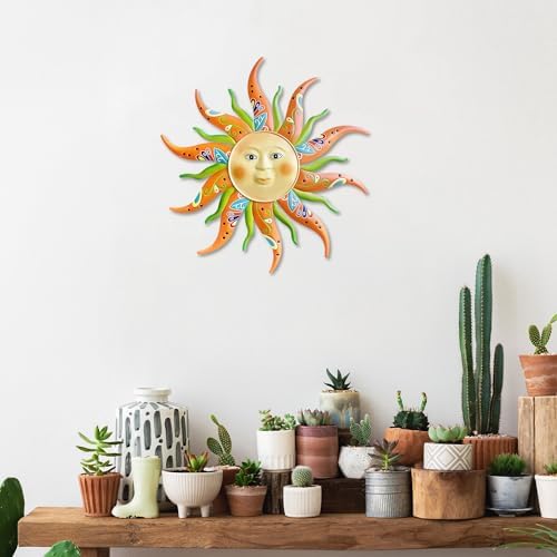 Metal Sun Wall Art Decor-17.3 inches Rustic Retro Sun Hanging Decoration for Indoor Outdoor Home Garden Farmhouse Yard Patio Fence Living Room Bedroom(Green) - Image 3