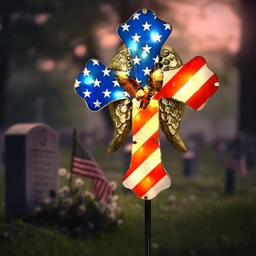 4th of July Decorations Outdoor,Solar Cross for Cemetery Grave Yard Decor | Cemetery Decorations Garden Stakes,Patriotic Eagle Cross Solar Lights Outdoor Pathway,Lawn,National Day Remembrance Gifts by HokfirmHomeDecorGarden