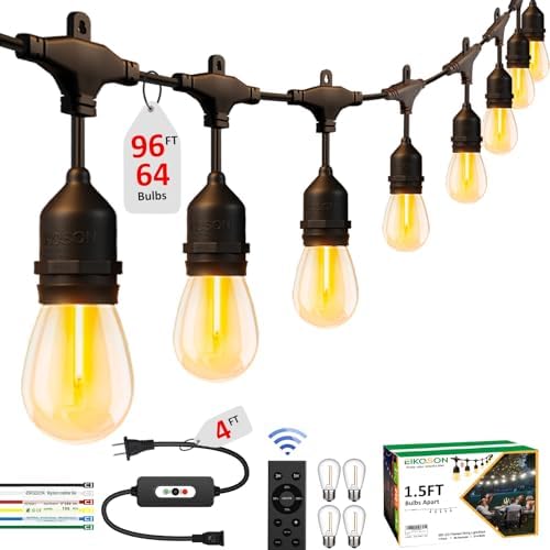 100FT Outdoor String Lights, 60+4 Bulbs,2200K amber glow,400W Dimmer Remote by EIKOSON