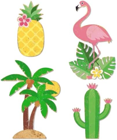 Putuo Decor Tropical Metal Wall Decor Set of 4, Pineapple Flamingo Palm Tree Cactus Tin Wall Art, Distressed Wall Hanging for Bathroom Patio Tiki Bar Pool Beach House Decor by PUTUODECOR