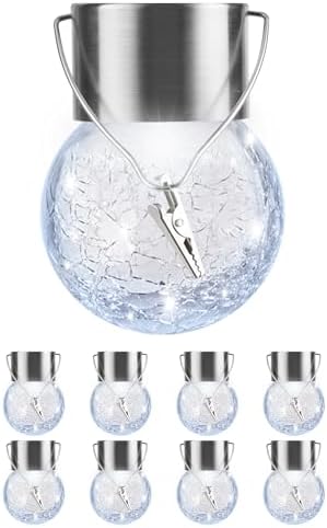 Solar Lights Outdoor Hanging Decorative Globe 8 Pack, Waterproof Solar Lantern with Handle and Clip, Solar Powered Glass Ball Lights for Garden Yard Fence Tree Umbrella Holiday Décor, Cold White by PARTPHONER
