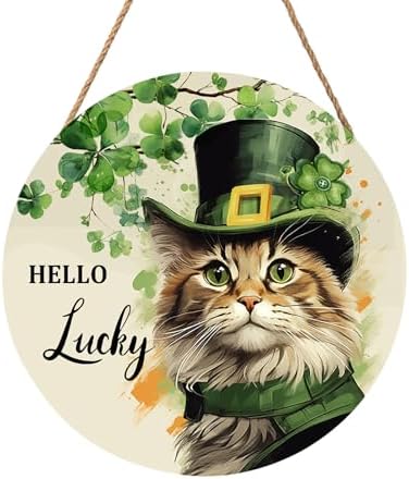 St. Patrick's Day Door Decoration for Home Cat Lucky Shamrock Wreath for Front Door Lucky Clover Cat Hanging Wall Sign Green Wreath Wooden Plaid Plaque for Porch Home Office Farmhouse 12"x12" by welcometoourhome