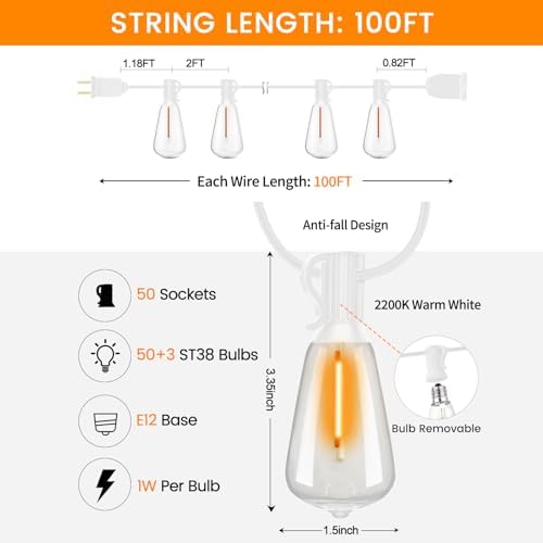 100FT ST38 Outdoor String Lights with 50 1W Plastic Shatterproof Bulbs - Image 3