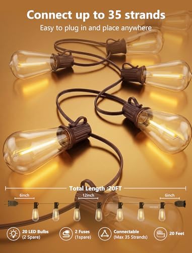 20FT ST40 LED Outdoor String Lights, Vintage Edison Patio Lights with 22 Shatterproof Bulbs, Waterproof Hanging Outdoor Lights for Backyard Porch Deck Bistro Garden, Warm White 2700K, Brown Wire - Image 2