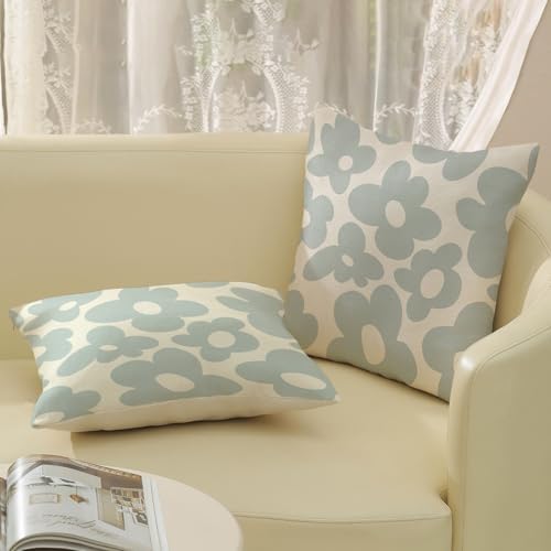 Light Blue Pillow Covers 18x18 Inch Set of 2 Baby Blue Cute Floral Throw Pillows Daisy Flower Decor Outdoor Pillow Cases Linen Spring Summer Farmhouse Decoration Cushion Cover for Couch Sofa - Image 5
